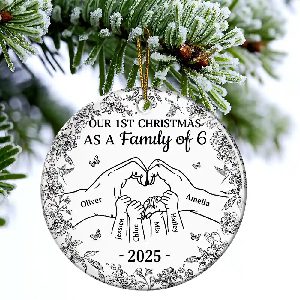 First Christmas As A Family Of Three Toile Hand - Personalized Circle Ceramic Ornament - Image 4