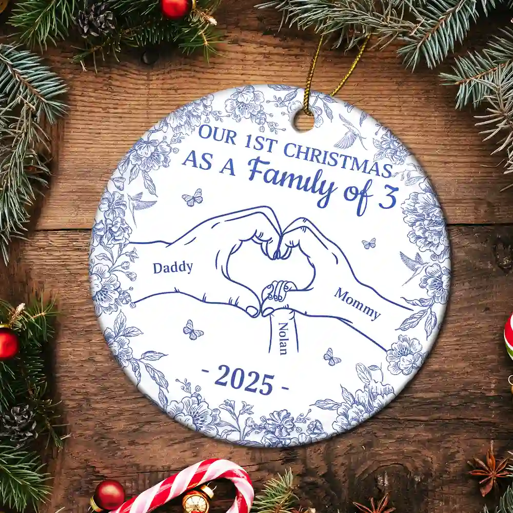 First Christmas As A Family Of Three Toile Hand - Personalized Circle Ceramic Ornament - Image 5