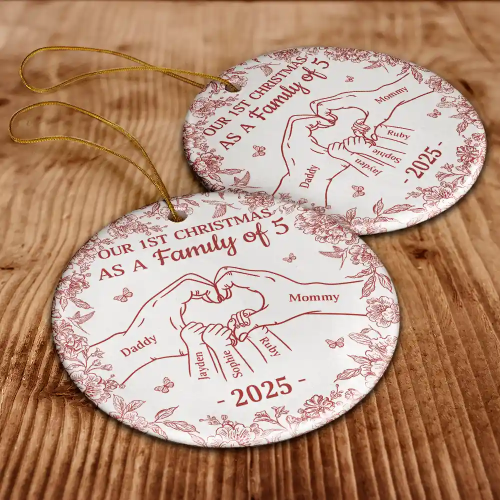 First Christmas As A Family Of Three Toile Hand - Personalized Circle Ceramic Ornament - Image 6
