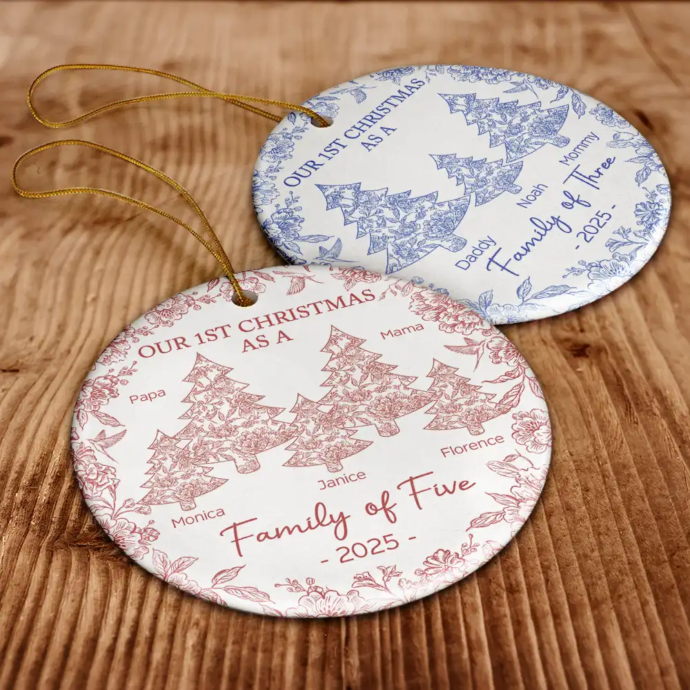 First Christmas As A Family Of Three Toile - Personalized Circle Ceramic Ornament - Image 6