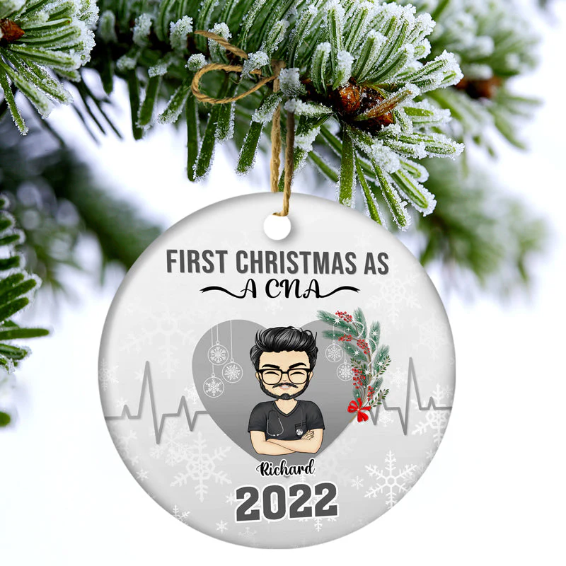 First Christmas As A Nurse - Personalized Custom Circle Ceramic Ornament - Image 3