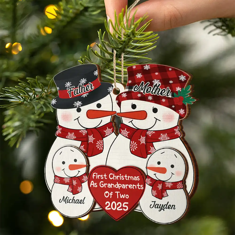 First Christmas As Grandparents Snowman - Personalized 2-Layered Wooden Ornament - Image 2
