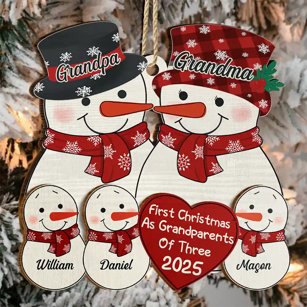 First Christmas As Grandparents Snowman - Personalized 2-Layered Wooden Ornament - Image 3