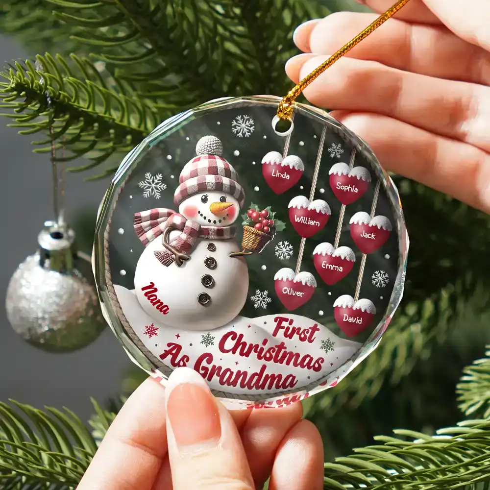 First Christmas As Grandparents Snowman - Personalized Circle Glass Ornament - Image 2