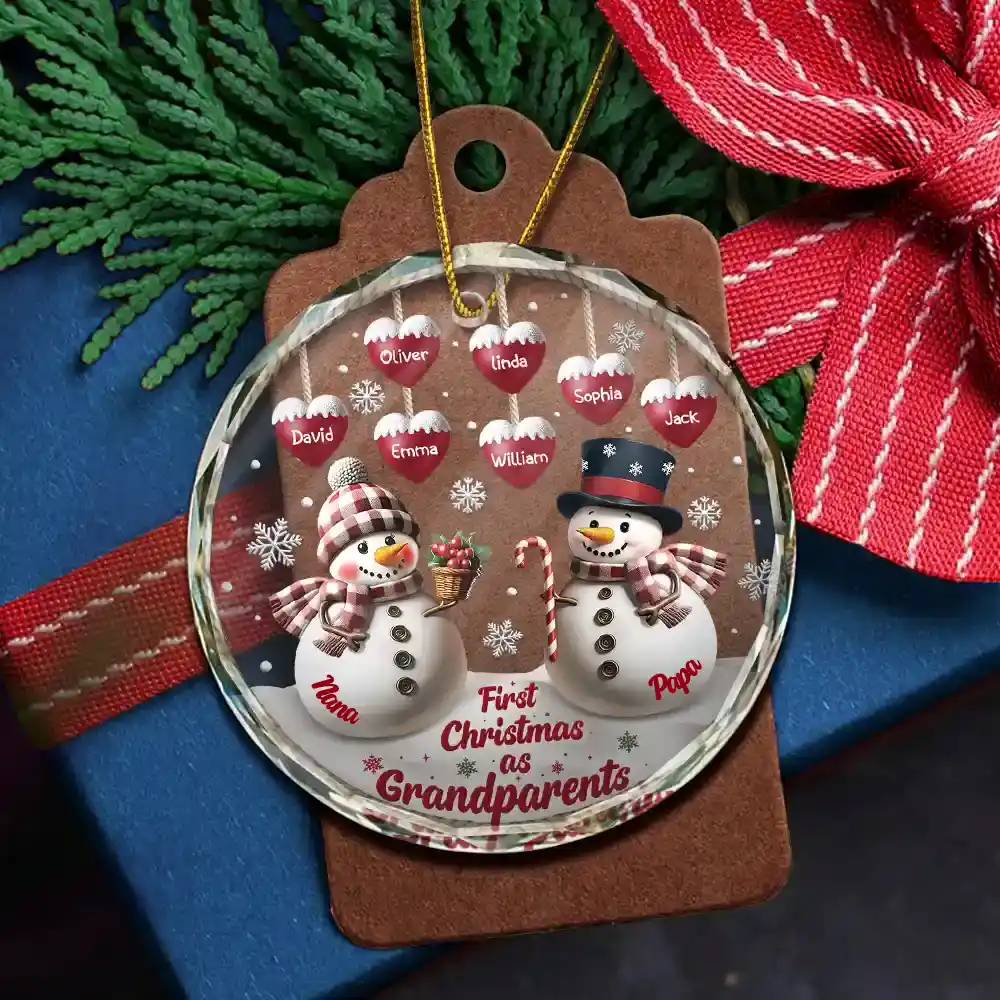 First Christmas As Grandparents Snowman - Personalized Circle Glass Ornament - Image 5