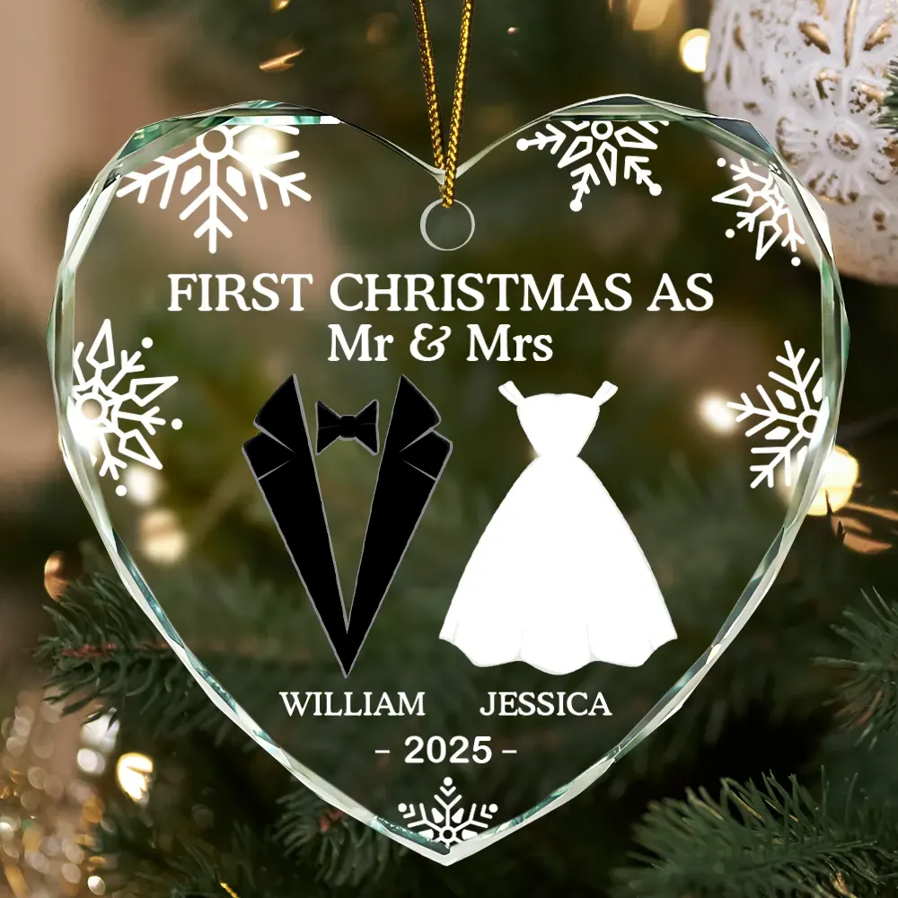 First Christmas As Married Couples - Personalized Heart Shaped Glass Ornament - Image 3