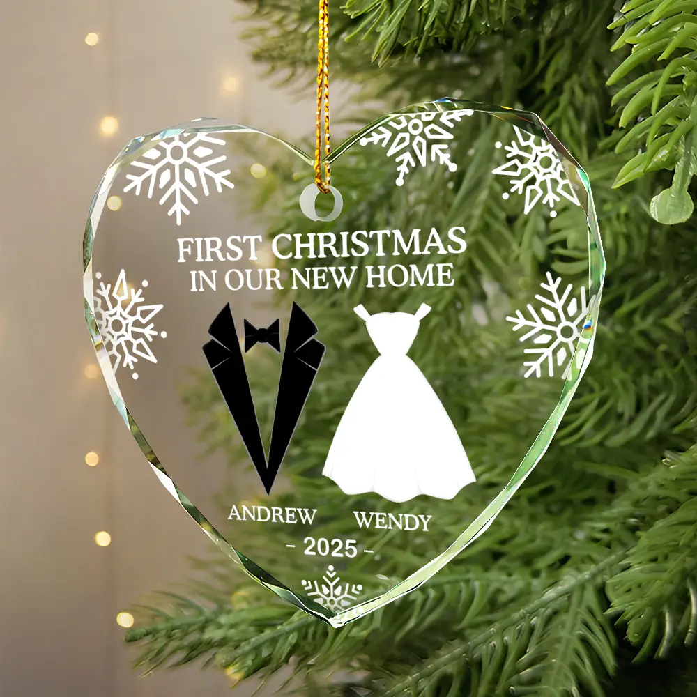 First Christmas As Married Couples - Personalized Heart Shaped Glass Ornament - Image 5