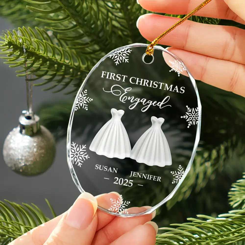 First Christmas As Married Couples - Personalized Oval Glass Ornament - Image 3