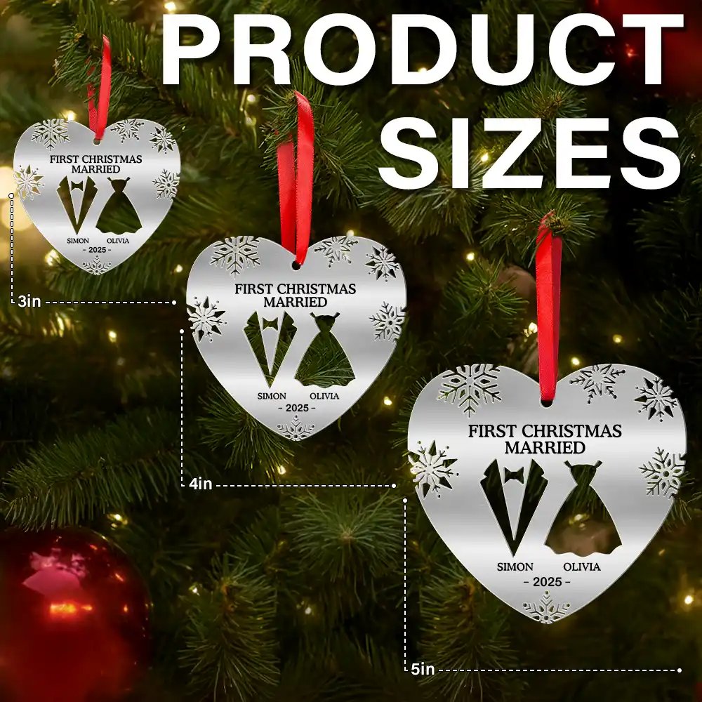 First Christmas As Married Couples Snowflake Heart - Personalized Metal Ornament - Image 6