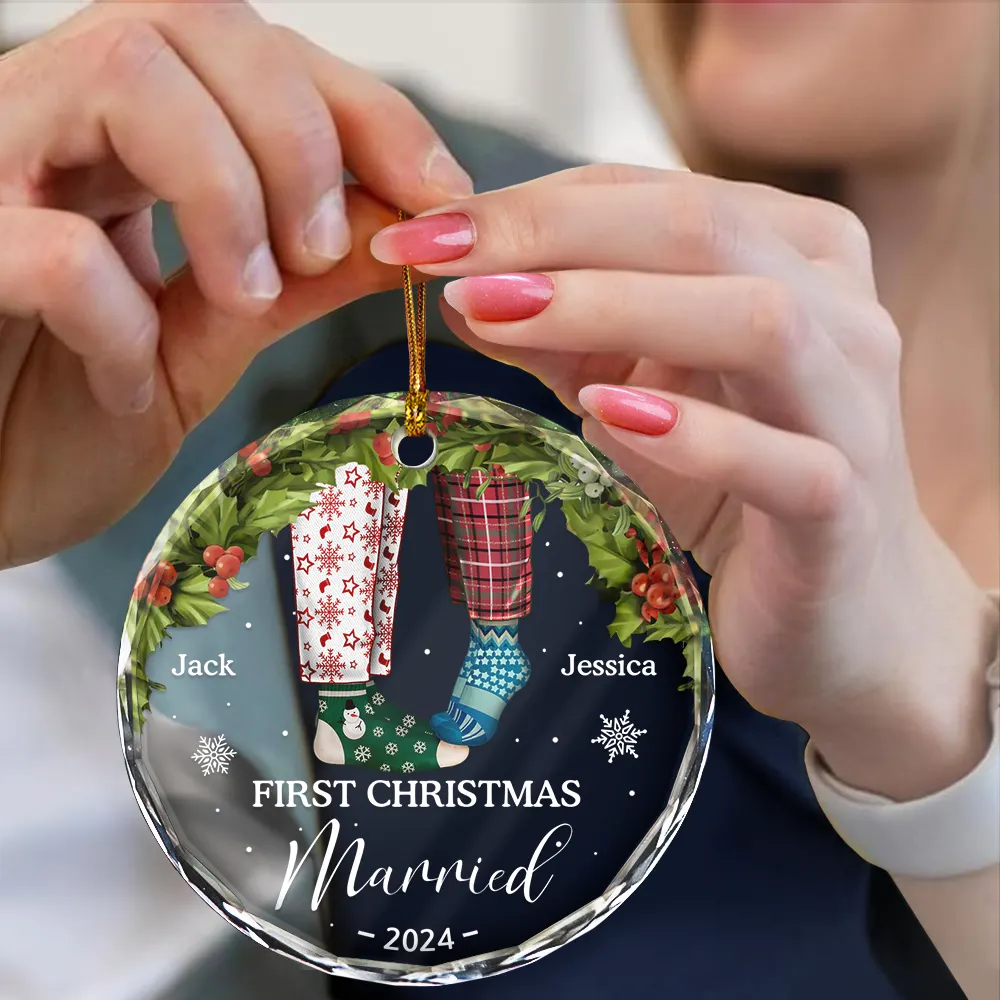 First Christmas As Mr & Mrs Christmas Socks Couple - Personalized Circle Glass Ornament - Image 4