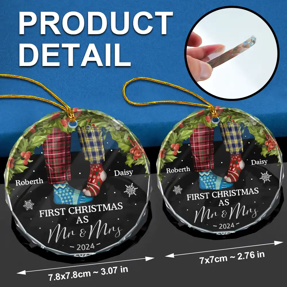 First Christmas As Mr & Mrs Christmas Socks Couple - Personalized Circle Glass Ornament - Image 6