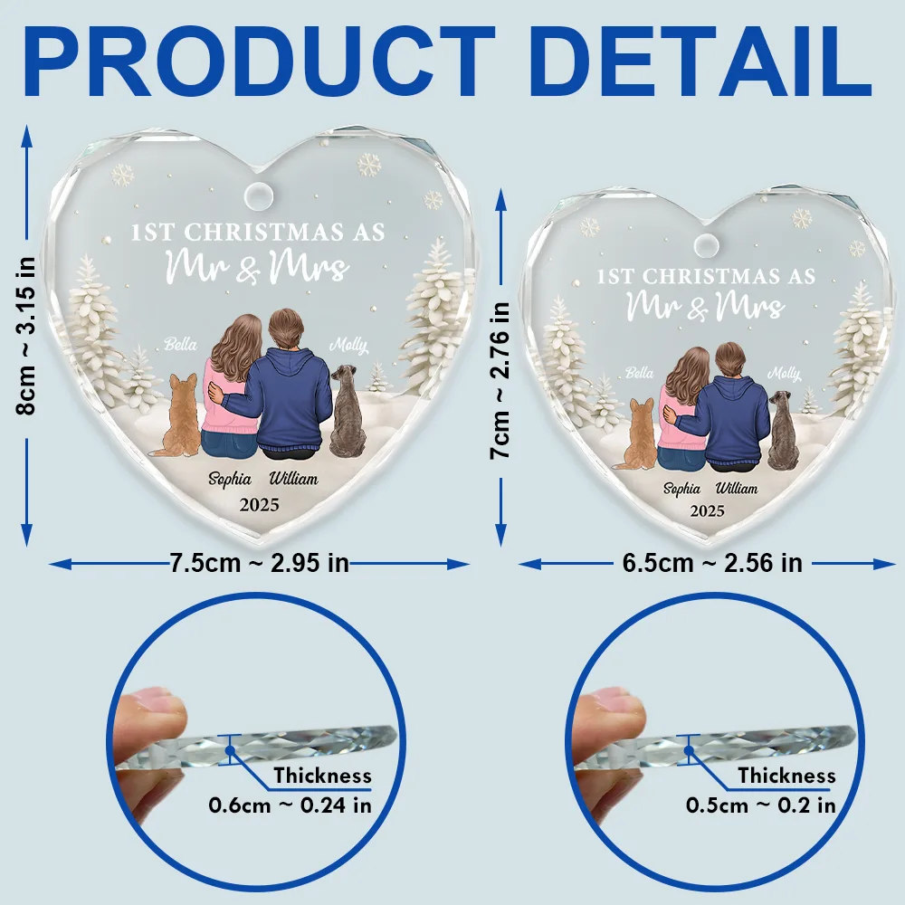 First Christmas As Mr & Mrs Dog Cat - Personalized Heart Shaped Glass Ornament - Image 5