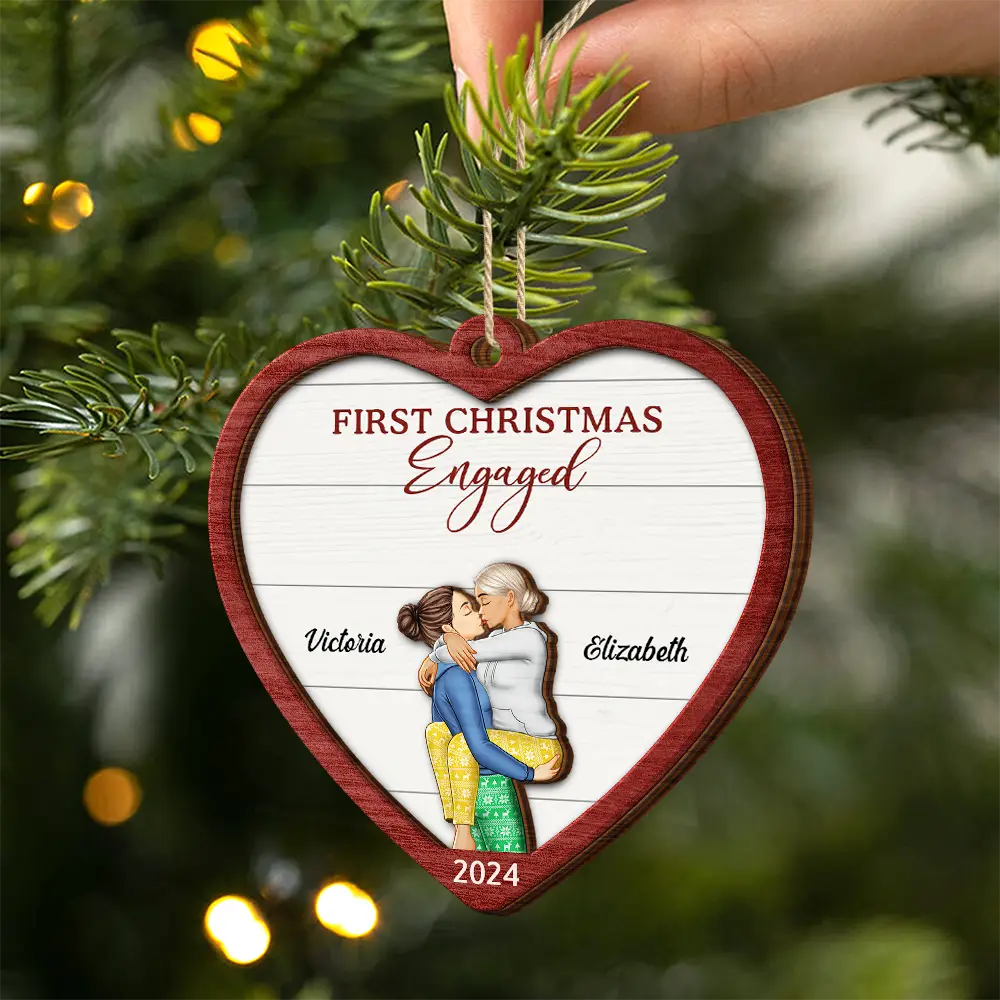 First Christmas As Mr & Mrs Kissing Couple - Personalized 2-Layered Wooden Ornament - Image 2