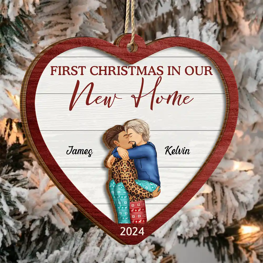 First Christmas As Mr & Mrs Kissing Couple - Personalized 2-Layered Wooden Ornament - Image 3