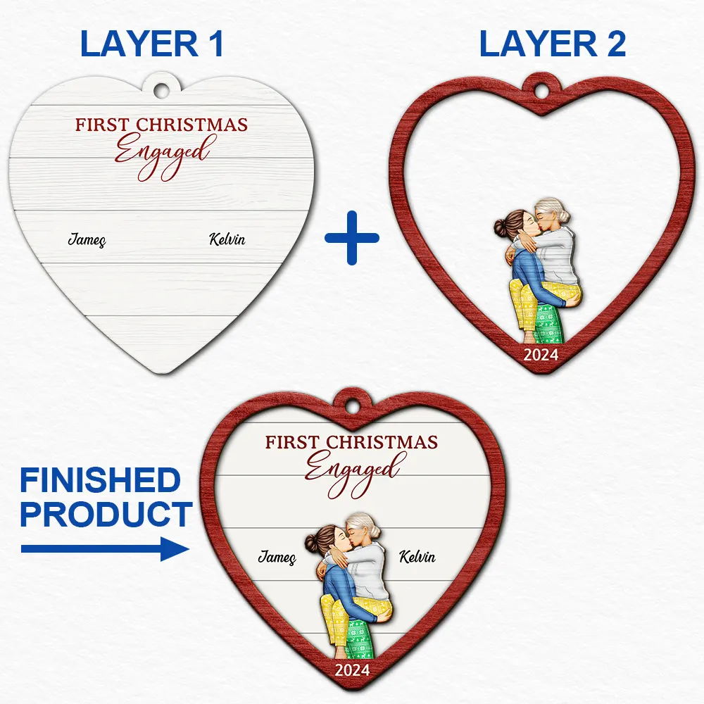 First Christmas As Mr & Mrs Kissing Couple - Personalized 2-Layered Wooden Ornament - Image 6