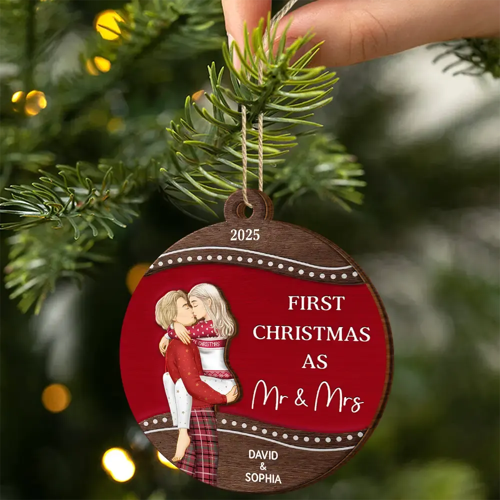 First Christmas As Mr & Mrs Loving Kissing Couple - Personalized 2-Layered Wooden Ornament - Image 2