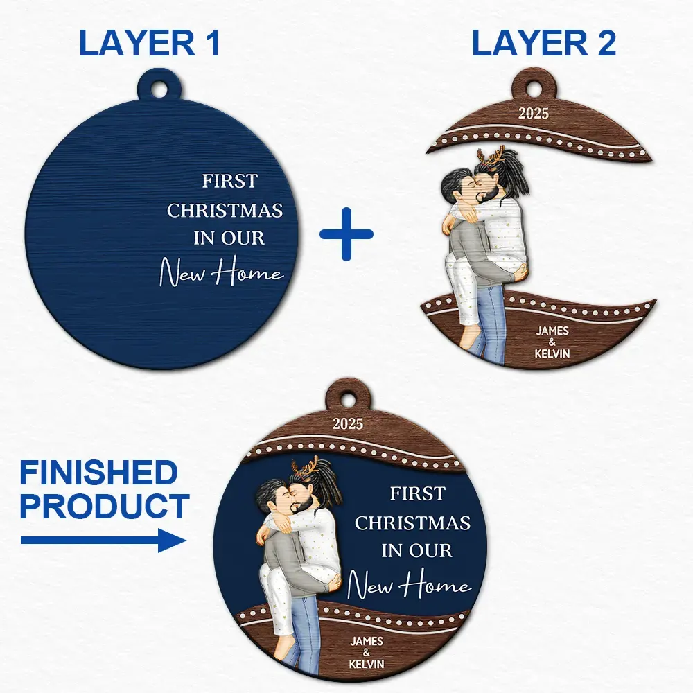 First Christmas As Mr & Mrs Loving Kissing Couple - Personalized 2-Layered Wooden Ornament - Image 6