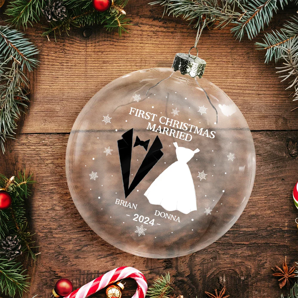 First Christmas As Mr & Mrs Married Couples - Personalized Clear Flat Ball Ornament - Image 3