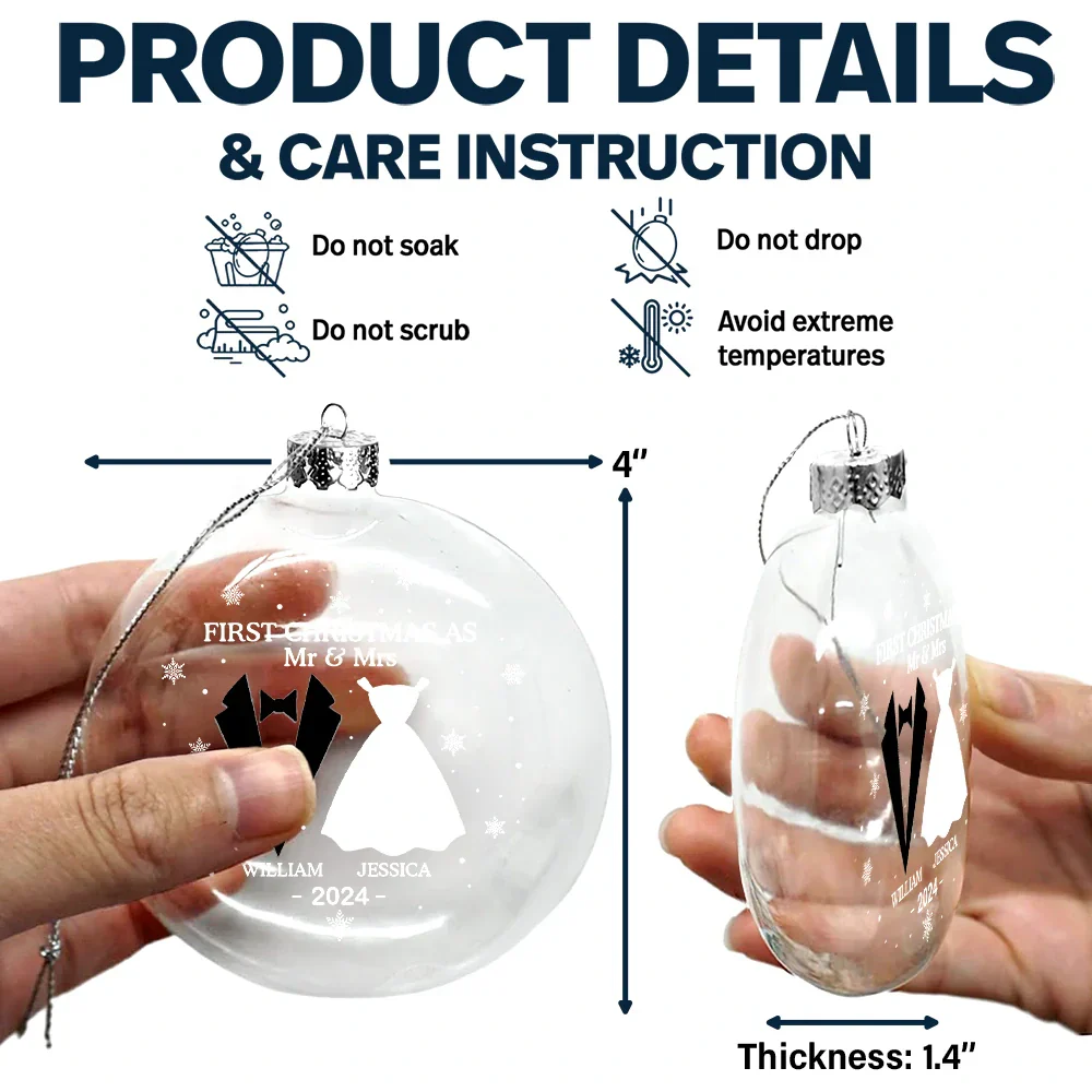 First Christmas As Mr & Mrs Married Couples - Personalized Clear Flat Ball Ornament - Image 6