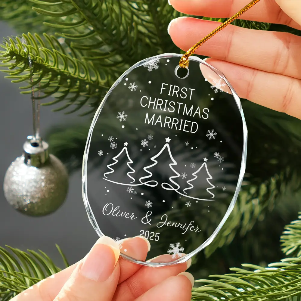 First Christmas As Mr & Mrs Pine Tree - Personalized Oval Glass Ornament - Image 3