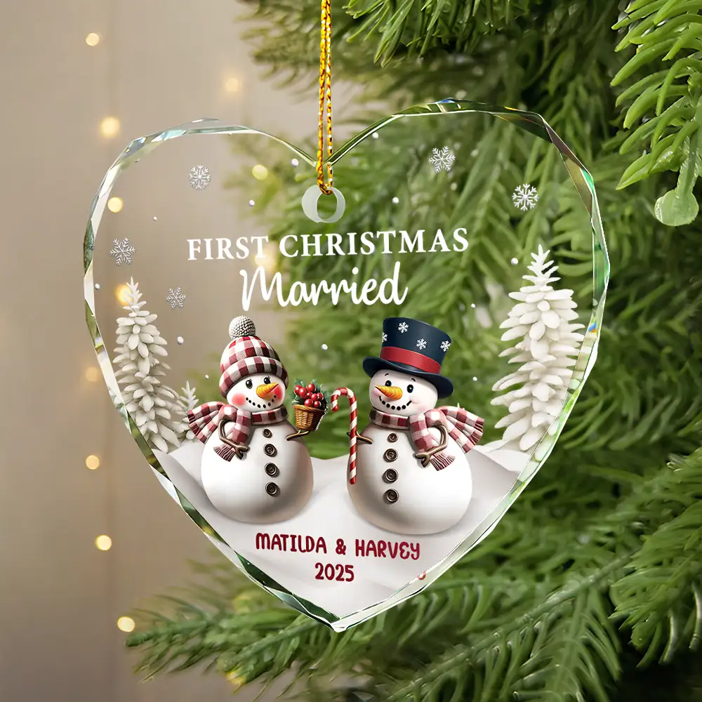 First Christmas As Mr & Mrs Snowman - Personalized Heart Shaped Glass Ornament - Image 2