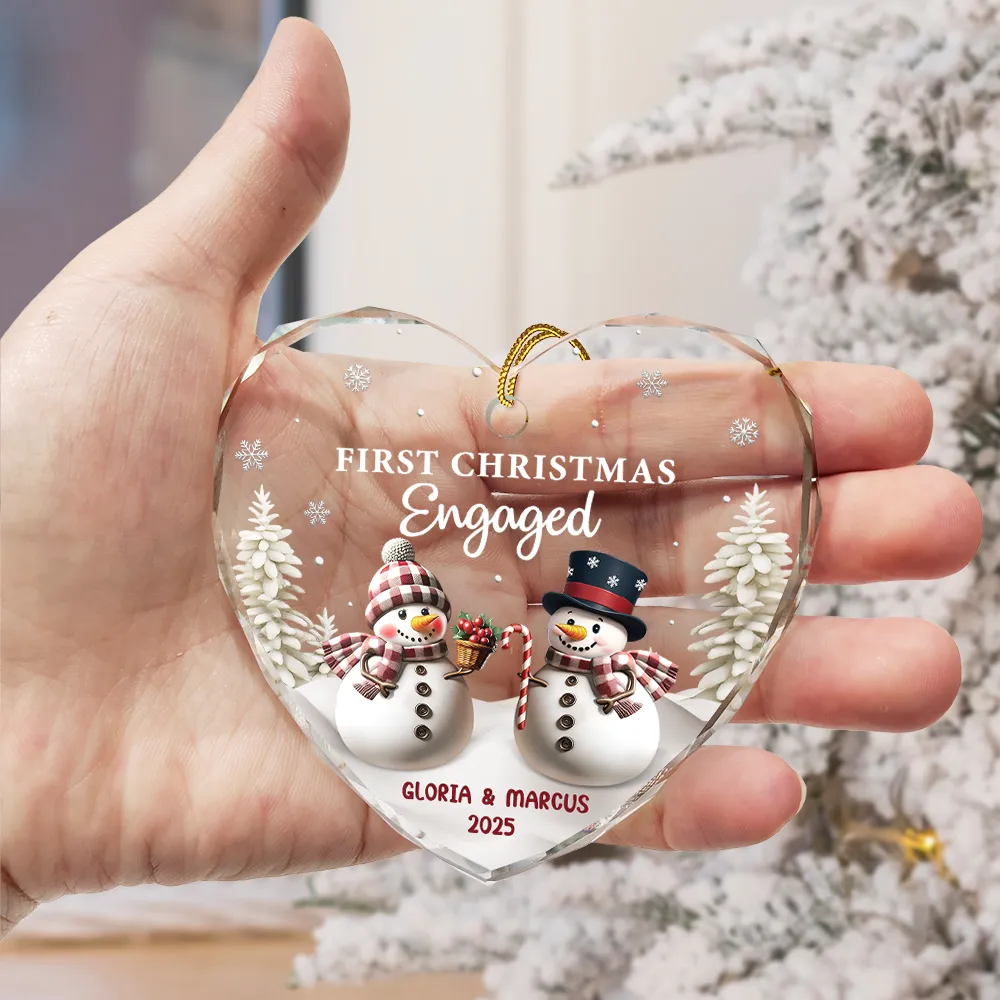 First Christmas As Mr & Mrs Snowman - Personalized Heart Shaped Glass Ornament - Image 3