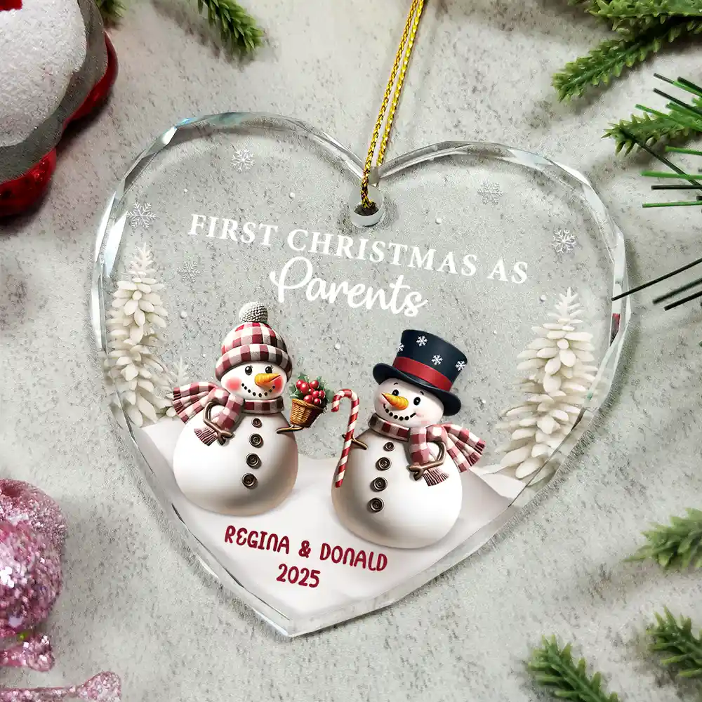 First Christmas As Mr & Mrs Snowman - Personalized Heart Shaped Glass Ornament - Image 4