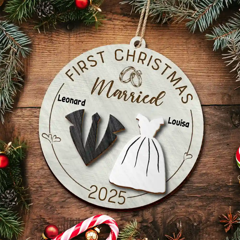 First Christmas As Mr & Mrs Wedding Couples - Personalized 2-Layered Wooden Ornament - Image 4