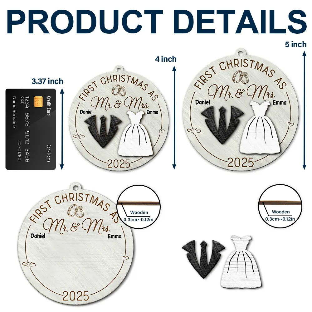 First Christmas As Mr & Mrs Wedding Couples - Personalized 2-Layered Wooden Ornament - Image 5