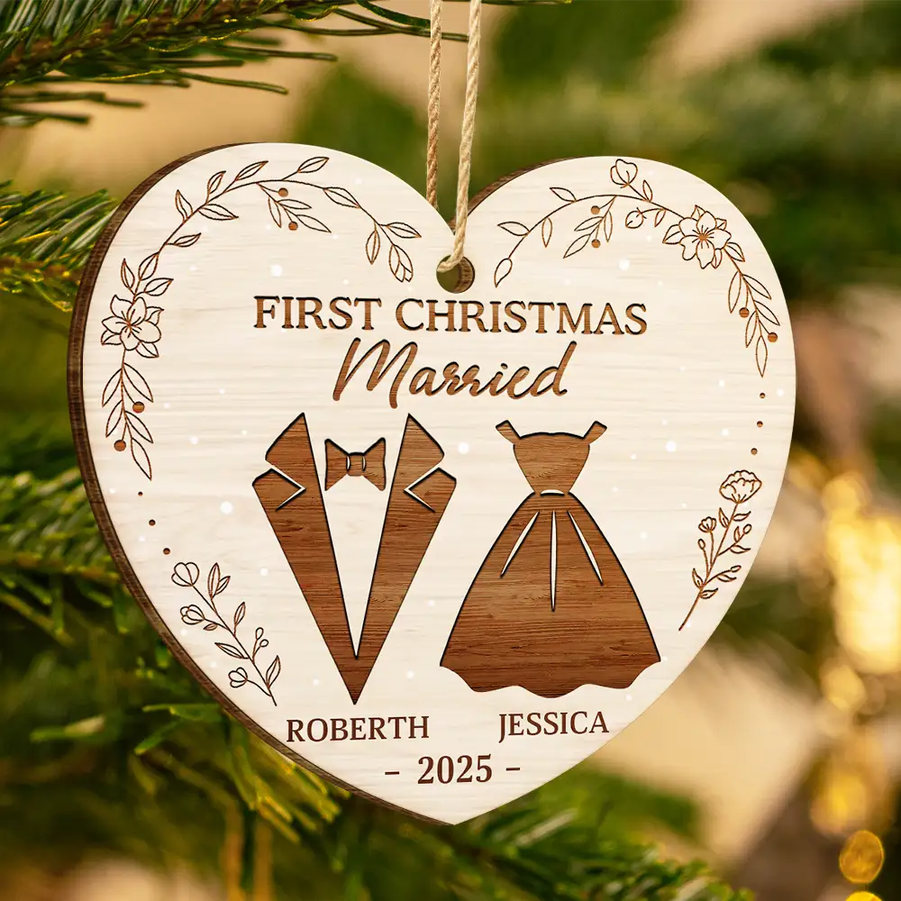 First Christmas As Mr & Mrs Wedding Couples - Personalized Custom Shaped Wooden Ornament - Image 3