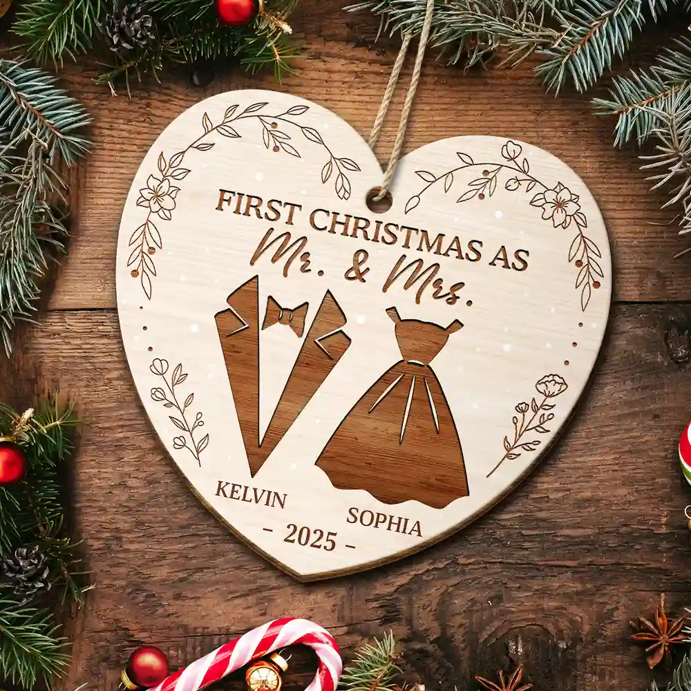 First Christmas As Mr & Mrs Wedding Couples - Personalized Custom Shaped Wooden Ornament - Image 5