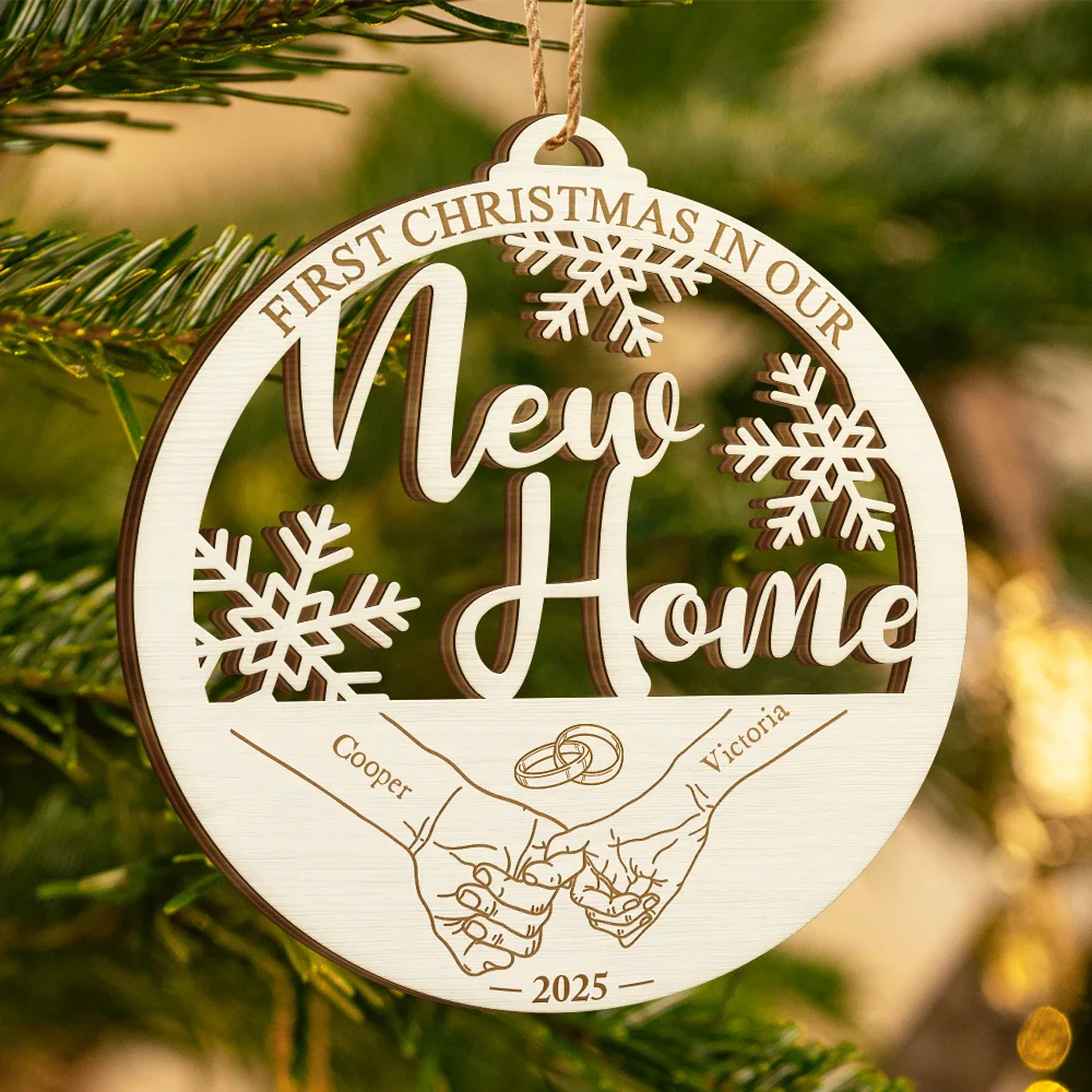First Christmas Couple Holding Hands - Personalized Custom Shaped Wooden Ornament - Image 3