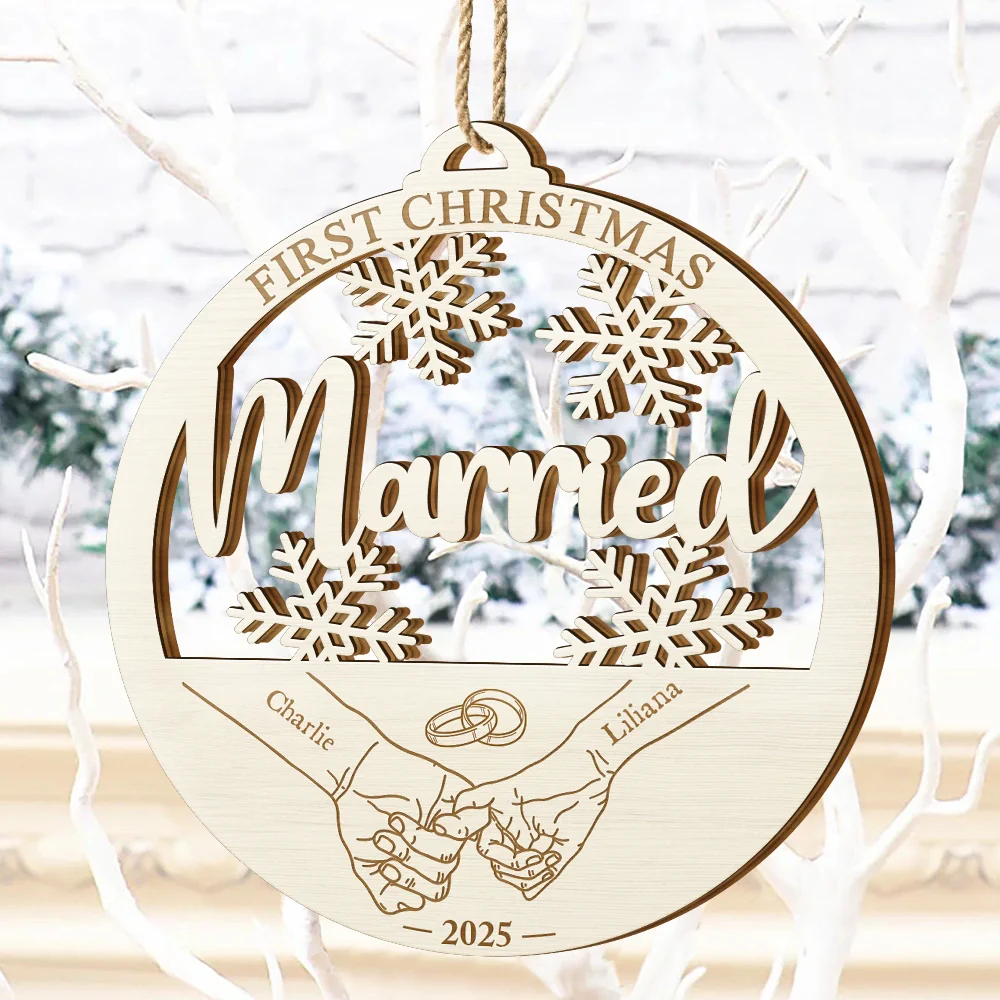 First Christmas Couple Holding Hands - Personalized Custom Shaped Wooden Ornament - Image 4