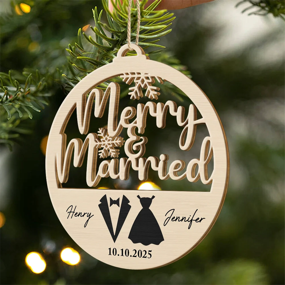 First Christmas Couple Merry & Married - Personalized Custom Shaped Wooden Ornament - Image 2