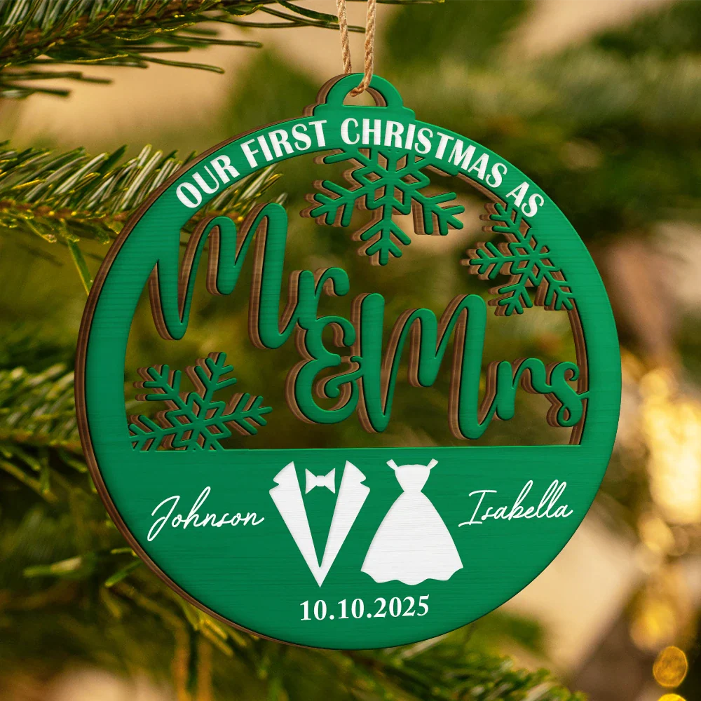 First Christmas Couple Merry & Married - Personalized Custom Shaped Wooden Ornament - Image 3