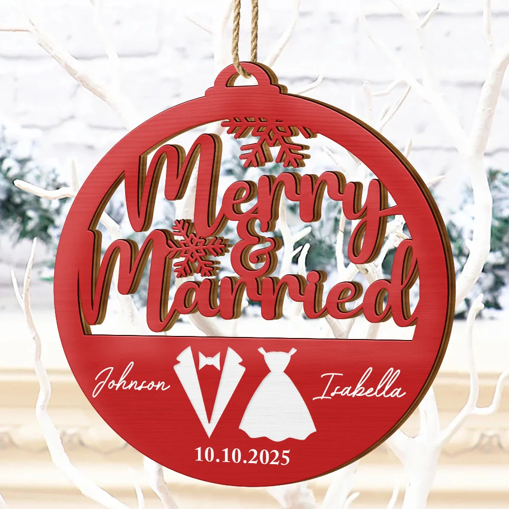 First Christmas Couple Merry & Married - Personalized Custom Shaped Wooden Ornament - Image 4