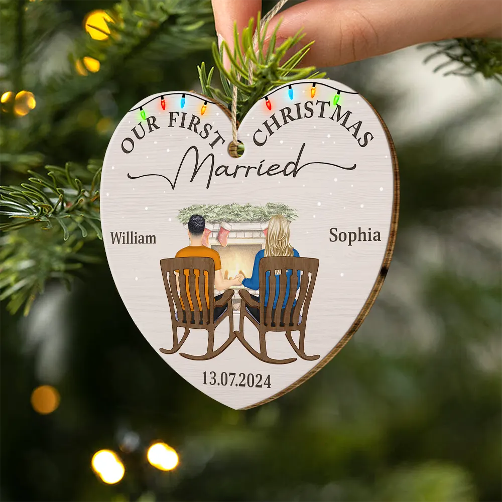 First Christmas Engaged Couples - Personalized Custom Shaped Wooden Ornament - Image 2