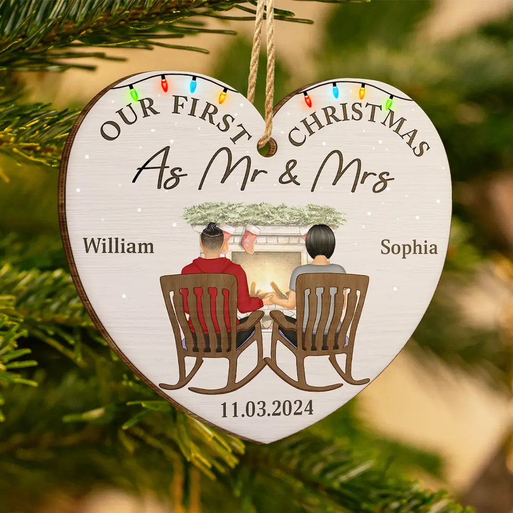 First Christmas Engaged Couples - Personalized Custom Shaped Wooden Ornament - Image 3