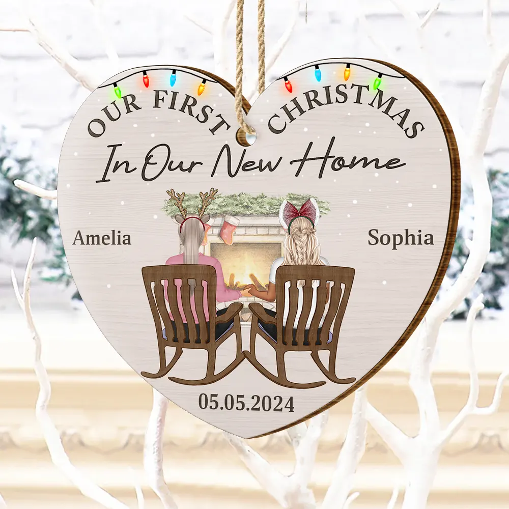 First Christmas Engaged Couples - Personalized Custom Shaped Wooden Ornament - Image 4