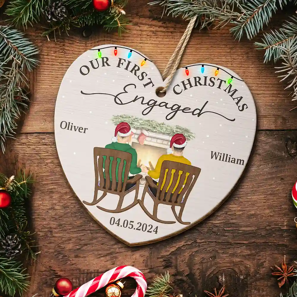 First Christmas Engaged Couples - Personalized Custom Shaped Wooden Ornament - Image 5
