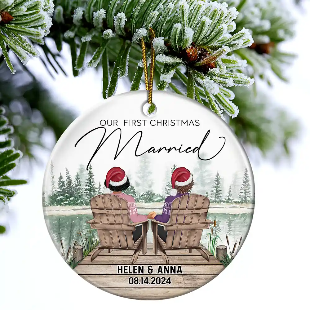 First Christmas Engagement Couples Merry & Married - Personalized Circle Ceramic Ornament - Image 4