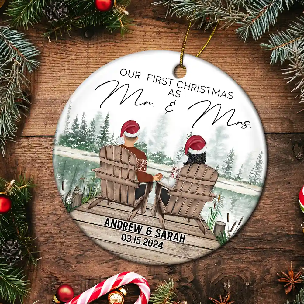 First Christmas Engagement Couples Merry & Married - Personalized Circle Ceramic Ornament - Image 5