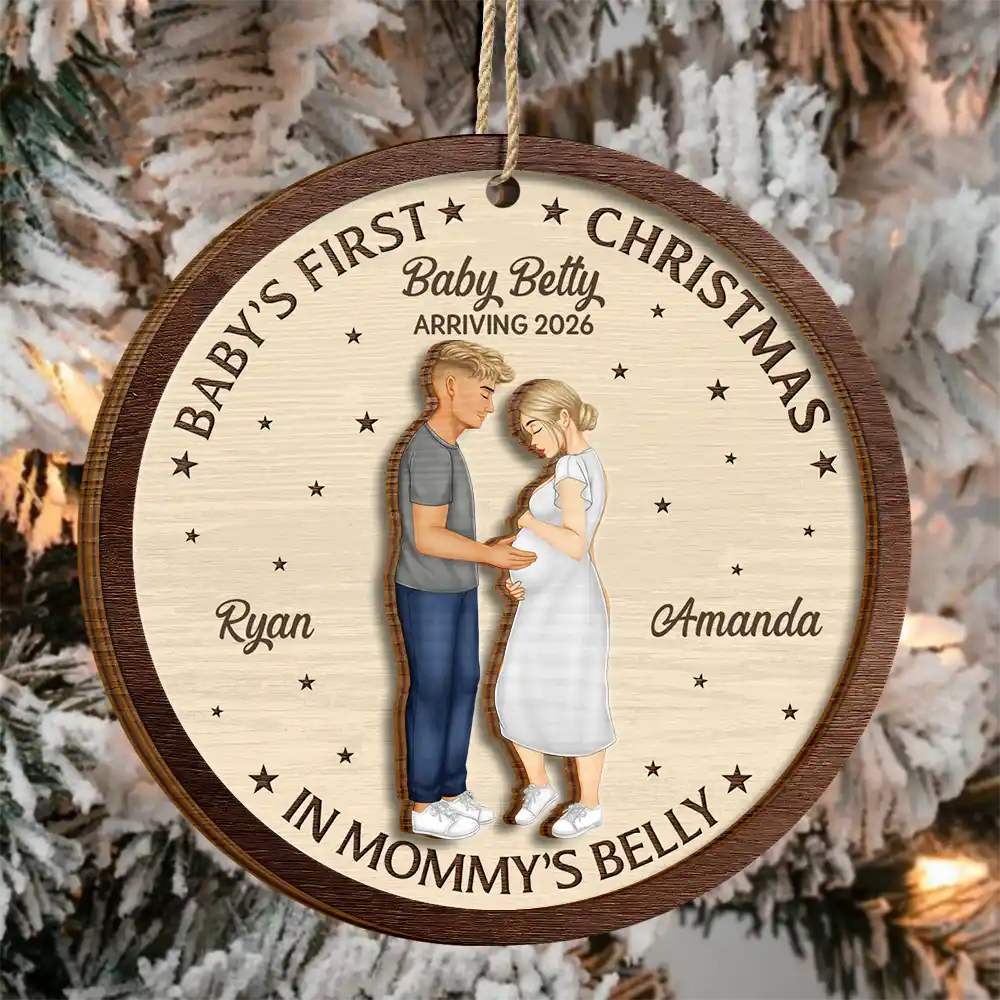 First Christmas In Mommy's Belly - Personalized 2-Layered Wooden Ornament - Image 3