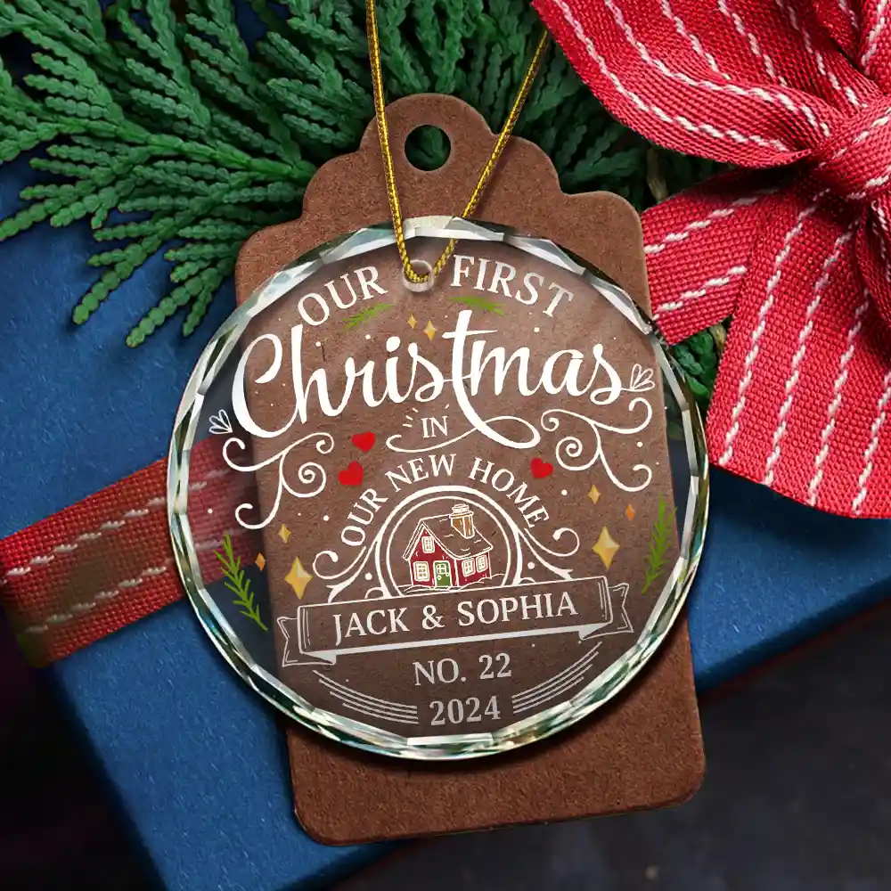 First Christmas In New Home Couples Family - Personalized Circle Glass Ornament - Image 5