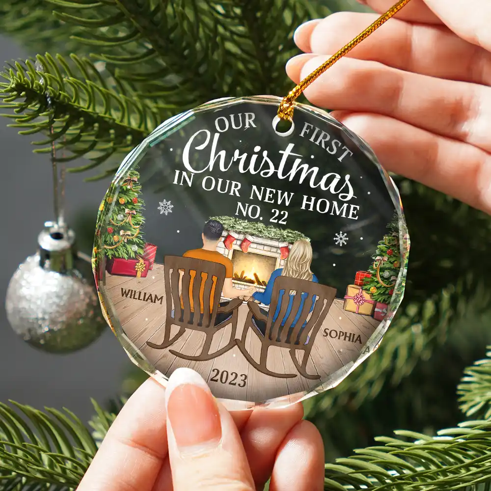 First Christmas In New Home Family Couples - Personalized Circle Glass Ornament - Image 2