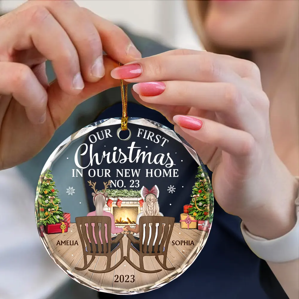First Christmas In New Home Family Couples - Personalized Circle Glass Ornament - Image 4