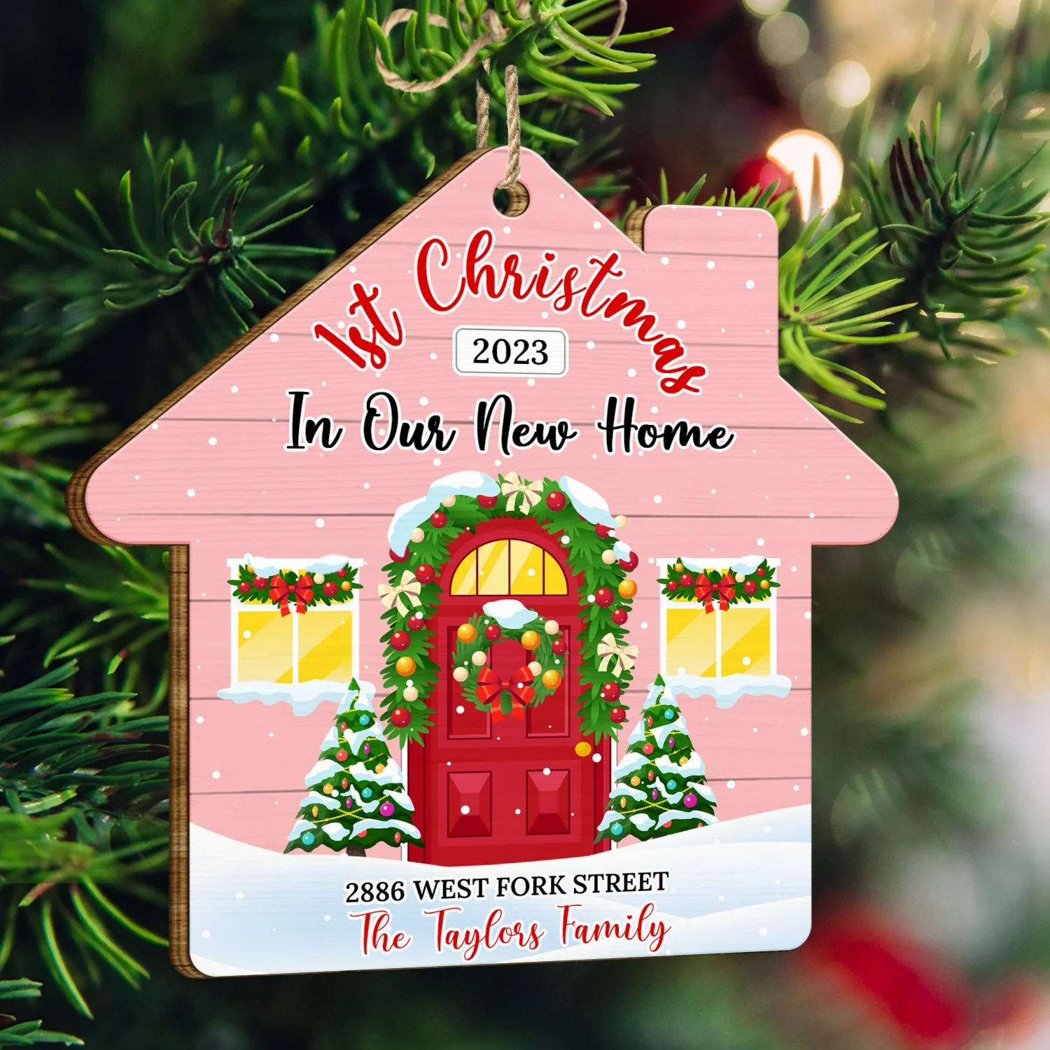 First Christmas In Our New Home - Christmas, Gift For Couple, Family - Personalized Custom Shaped Wooden Ornament - Image 3