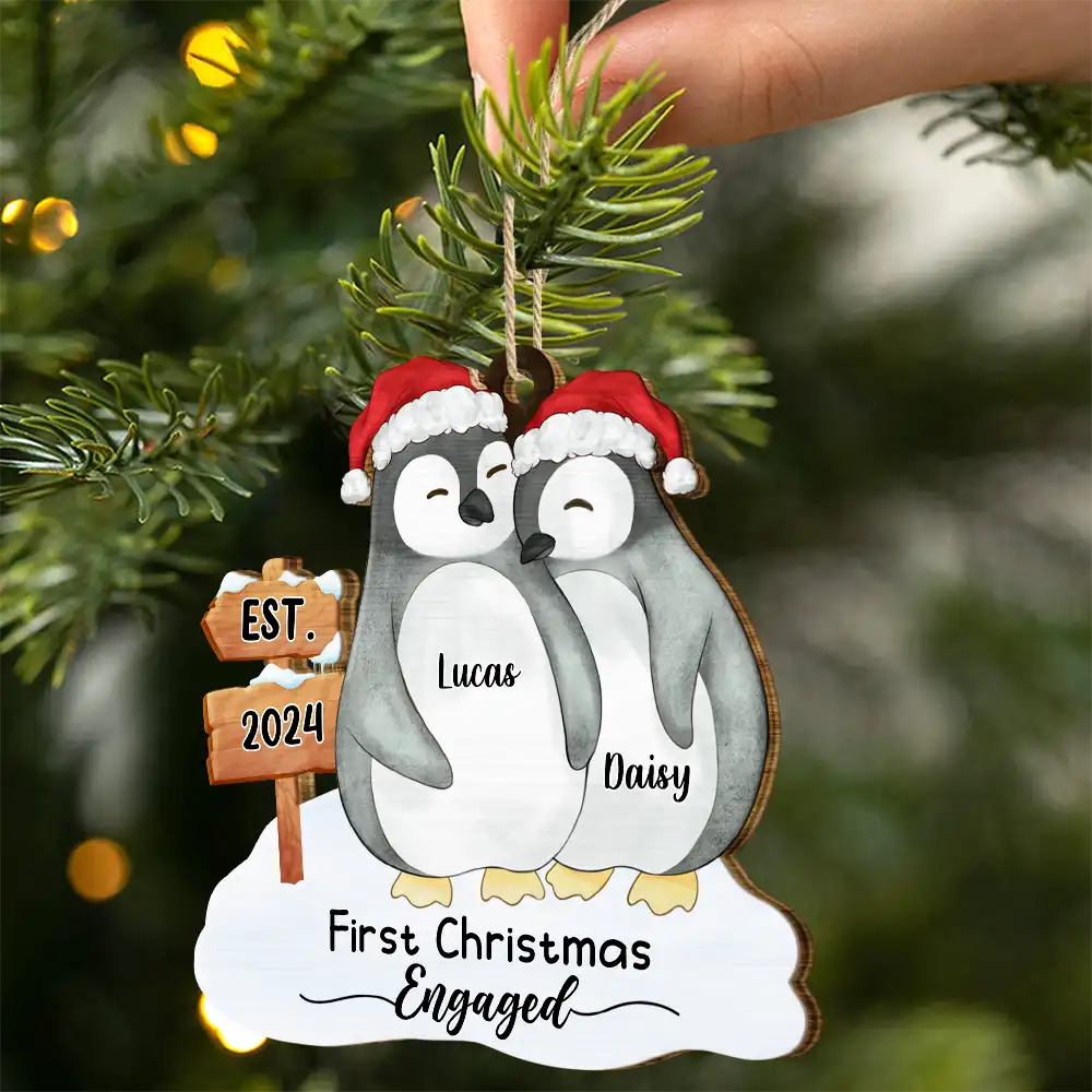 First Christmas Married Penguin Couple - Personalized Custom Shaped Wooden Ornament - Image 2