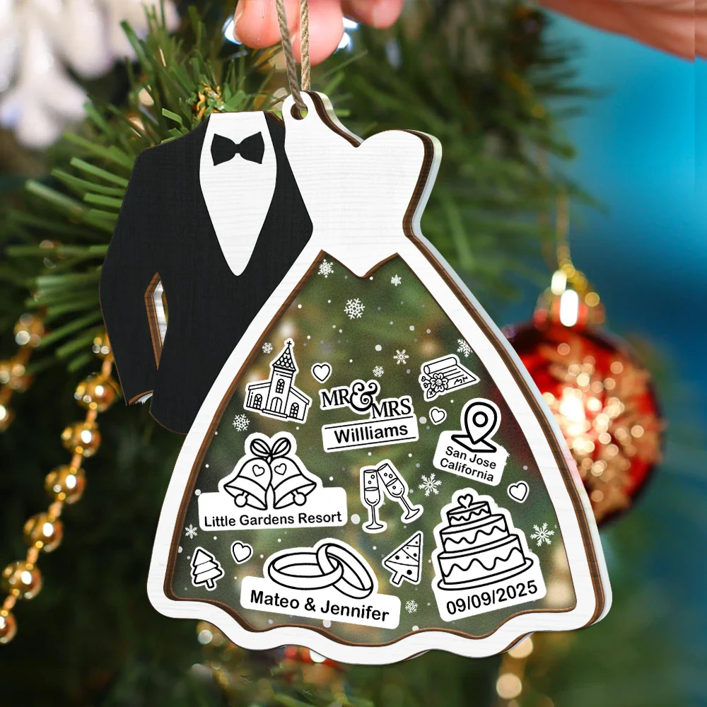 First Christmas Ornament Couple Bride & Groom - Personalized 2-Layered Mix Ornament - Image 4