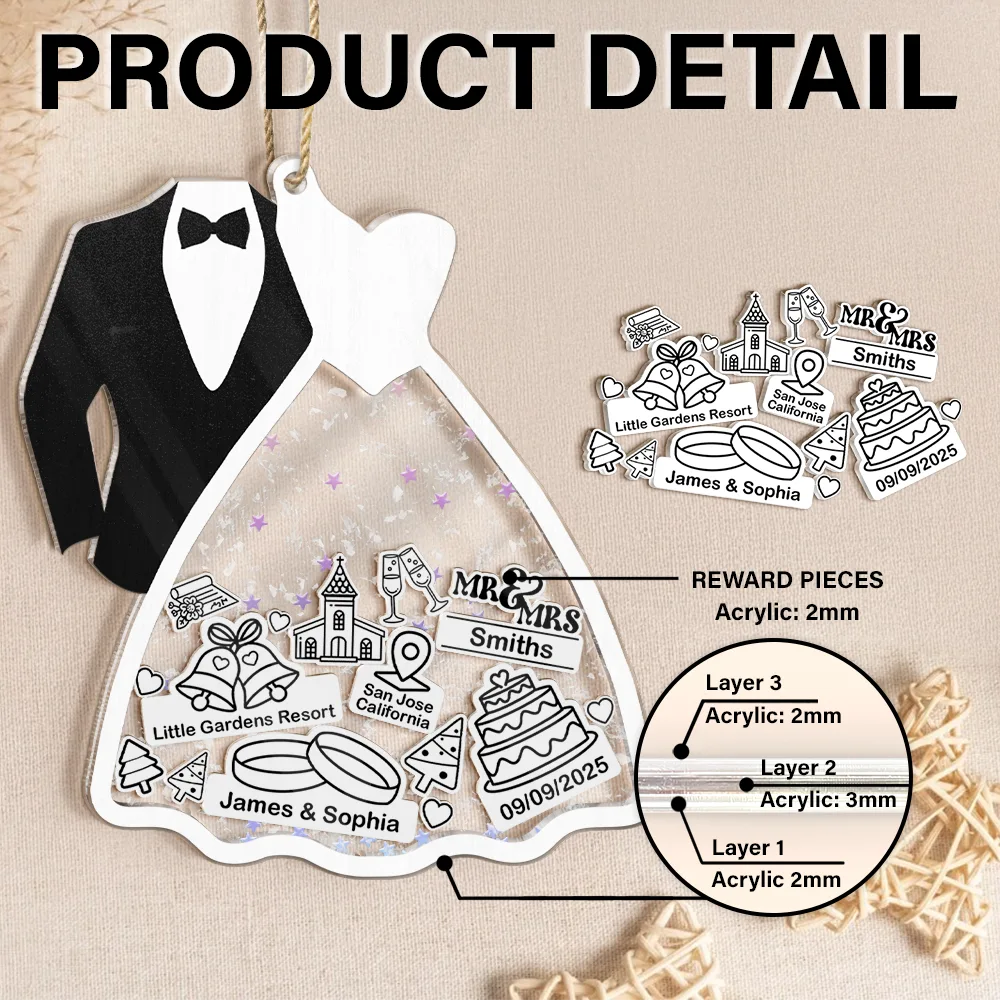 First Christmas Ornament Couple Bride & Groom - Personalized 3-Layered Acrylic Shaker Ornament - Image 2
